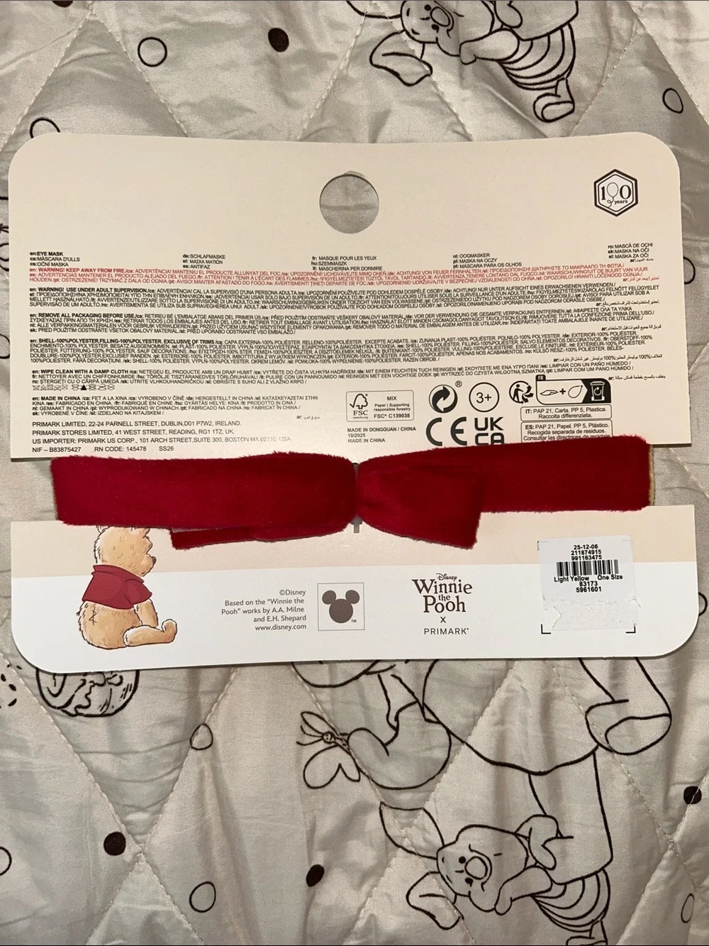 Primark Winnie the Pooh Yellow Plush Eye Mask